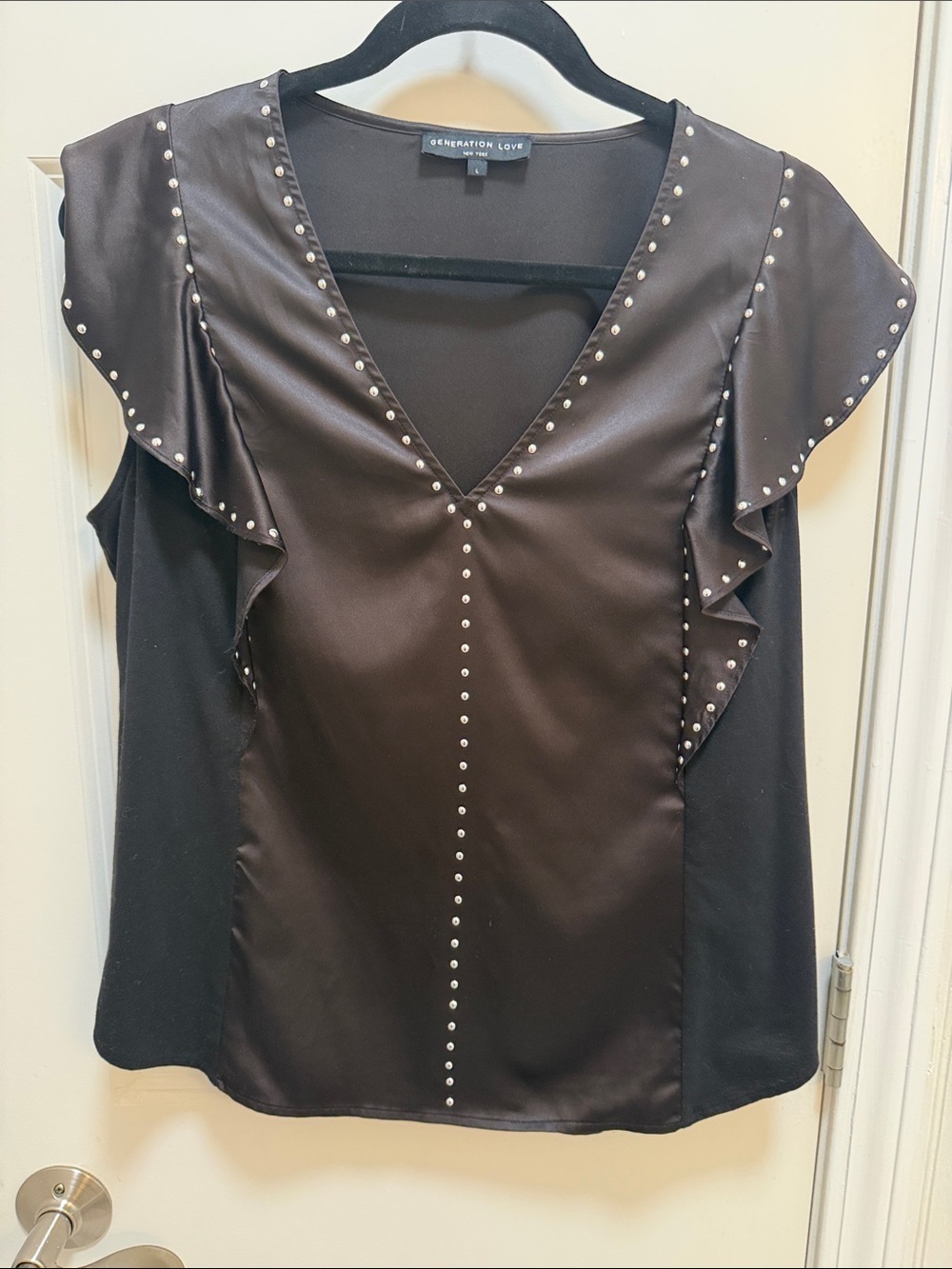 Generation Love Black Stud-Trim V-Neck Ruffle Blouse